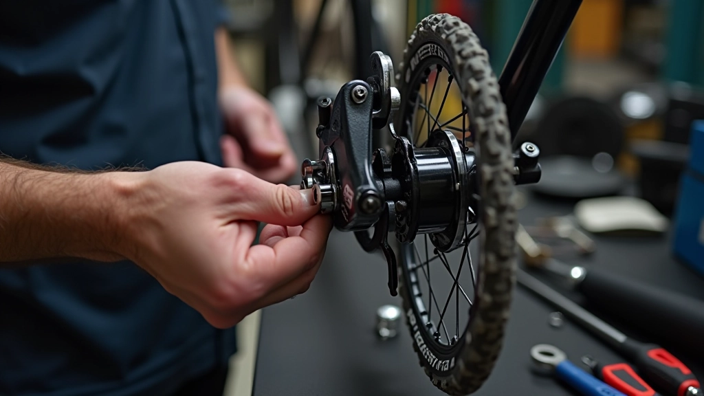 Bicycle brake caliper and pads with adjustment tools and replacement pads on workbench