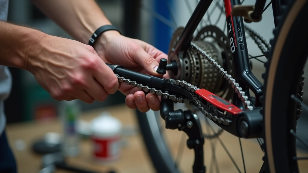 Close-up of bicycle chain being cleaned with brush and lubricant bottle nearby