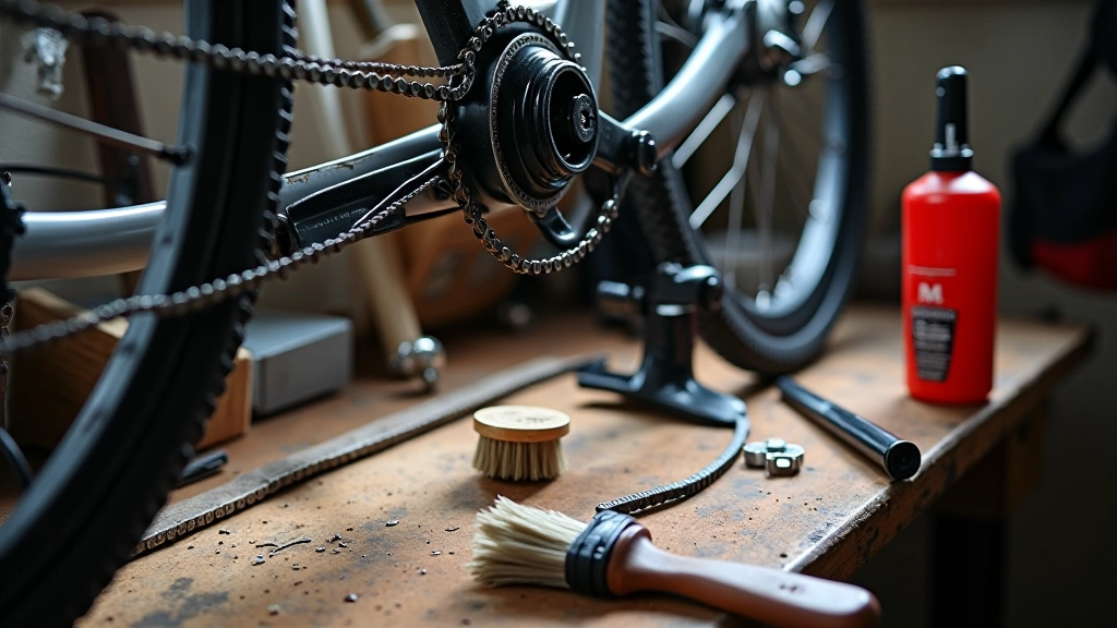 Bicycle frame and chain with cleaning tools and lubricant bottle on a workbench