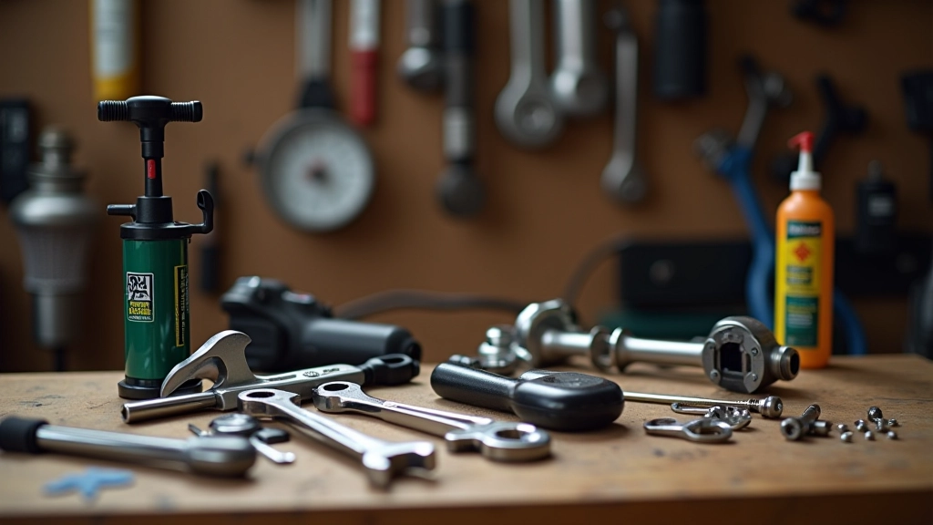 Organized bicycle maintenance tools including pump, wrenches, screwdrivers, and lubricant arranged on workbench