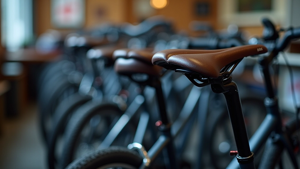 Selection of hybrid and comfort bikes arranged in a bike shop with visible saddles and handlebars