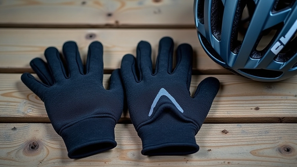 Detail shot of cycling gloves and wrist protection gear laid out on a wooden table with helmet