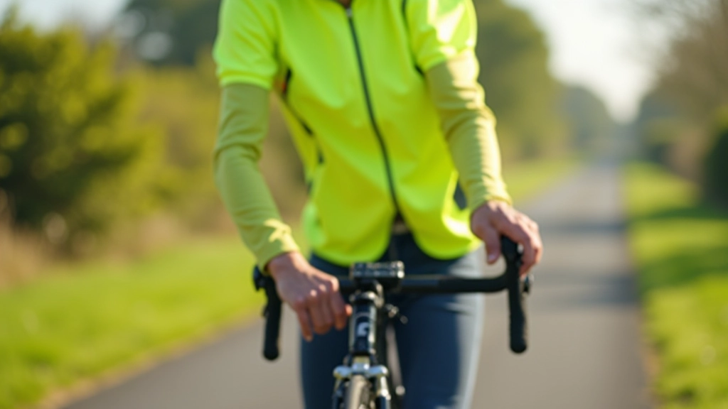 Cyclist wearing bright yellow safety vest and helmet, checking bike before heading out on a sunny morning