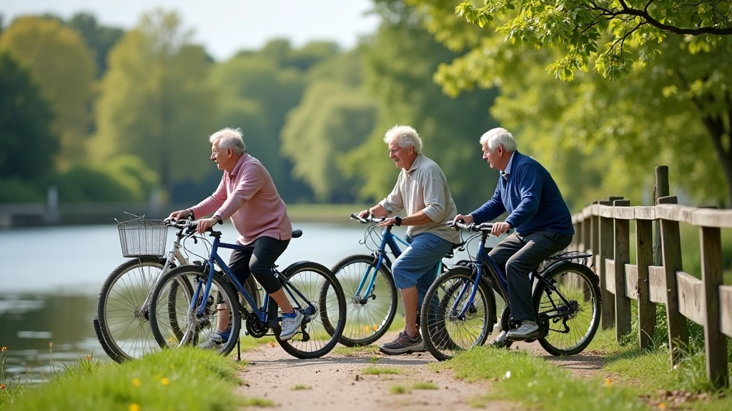 Group of cyclists relaxing by the water during a lunch break