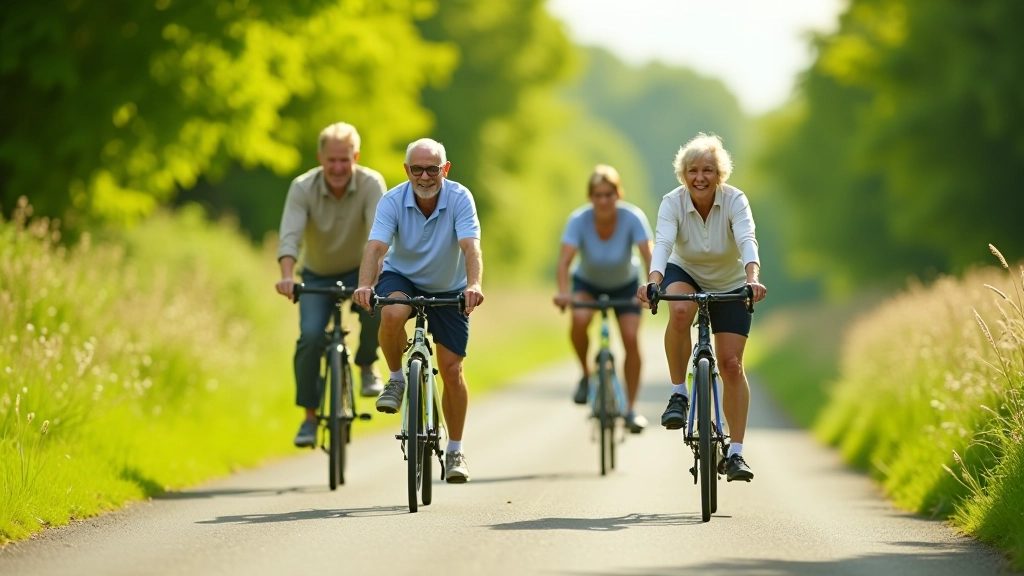 Community of mature cyclists riding together on the flat Leitrim towpath