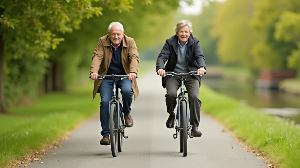 Older couple cycling on a flat towpath with trees and water visible in the background