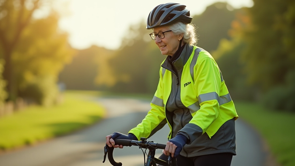 Older person wearing a cycling helmet and high-visibility vest, adjusting bike seat before a ride