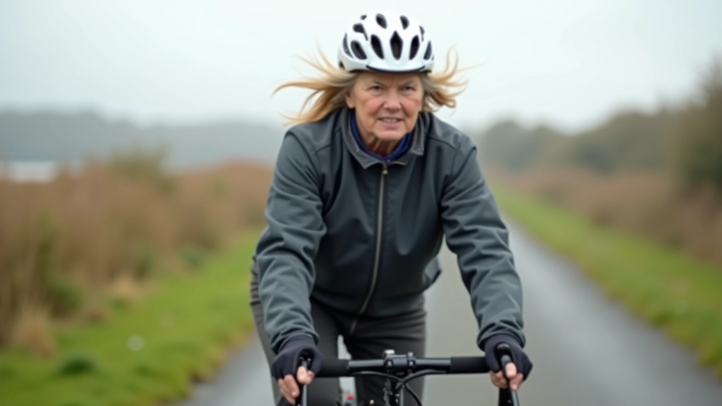 Cyclist leaning slightly into wind on exposed section of towpath with wind-blown hair and focused expression