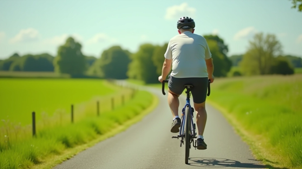 Cyclist riding along flat towpath with bright sunshine and green vegetation on both sides