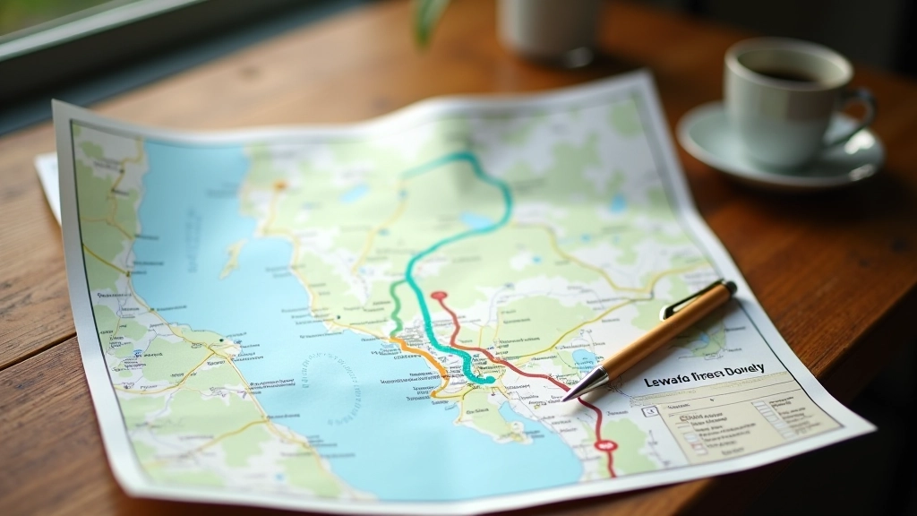Paper cycling route map spread on a wooden table with a pen marking distances and stopping points along the Shannon Erne path
