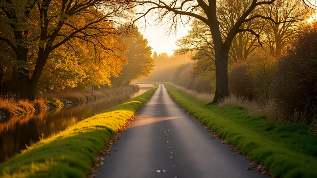 Golden autumn light illuminating towpath with changing foliage colors along the waterway