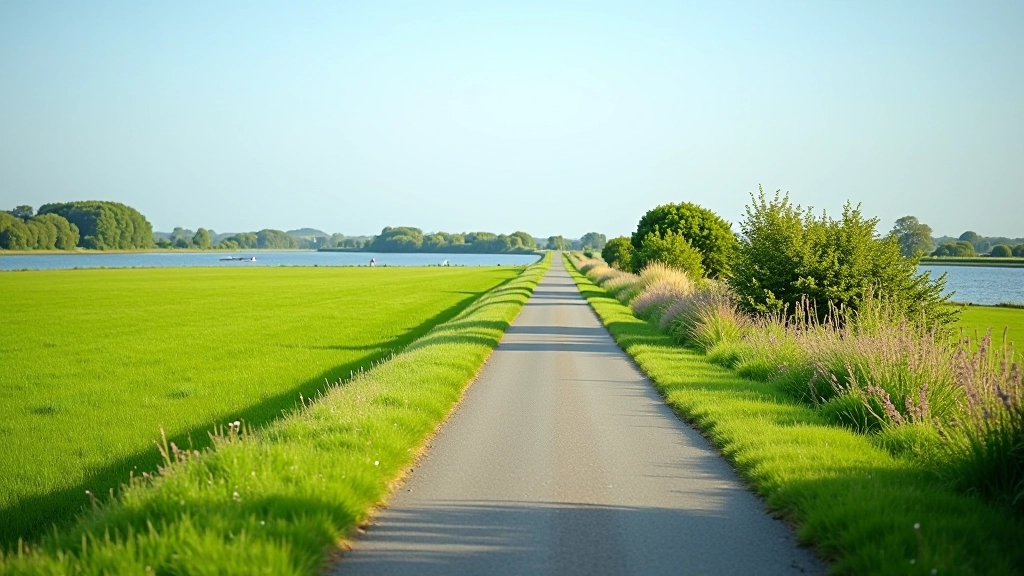 Scenic towpath winding through green fields with wildflowers blooming alongside the water