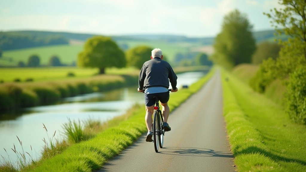 Towpath cyclist riding alongside calm water with green fields