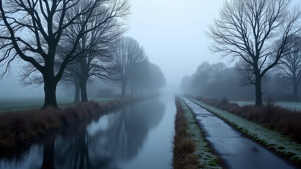 Winter towpath with bare trees, calm water surface, and overcast sky creating moody atmospheric conditions